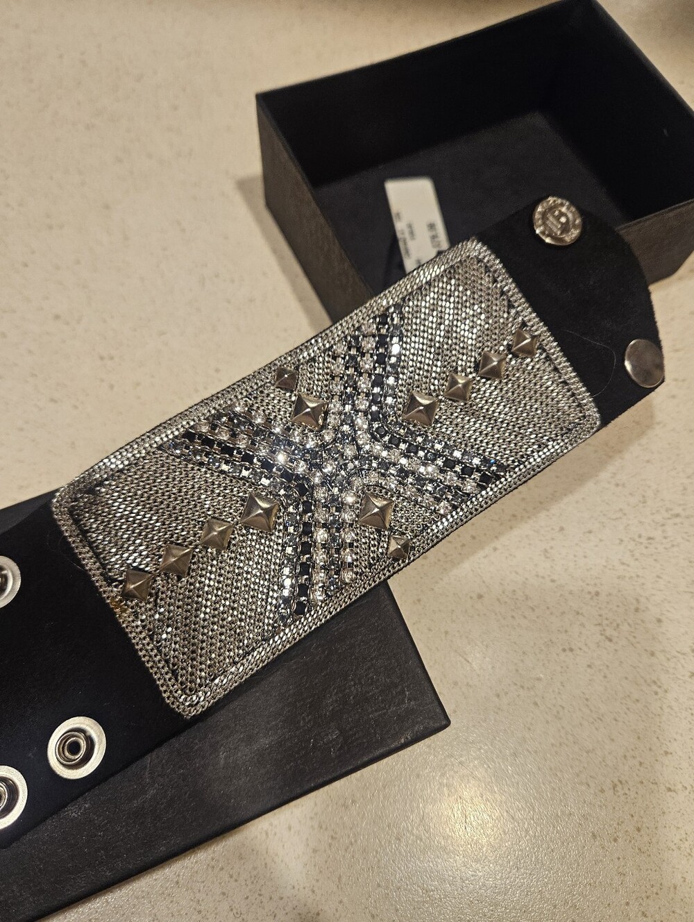 LeatherRock Embellished Suede Cuff Bracelet with Silver Studs And Rhinestones